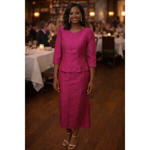 Maggy London 100% Silk Women's Magenta Top Skirt Set Wedding Gala Party Size 10